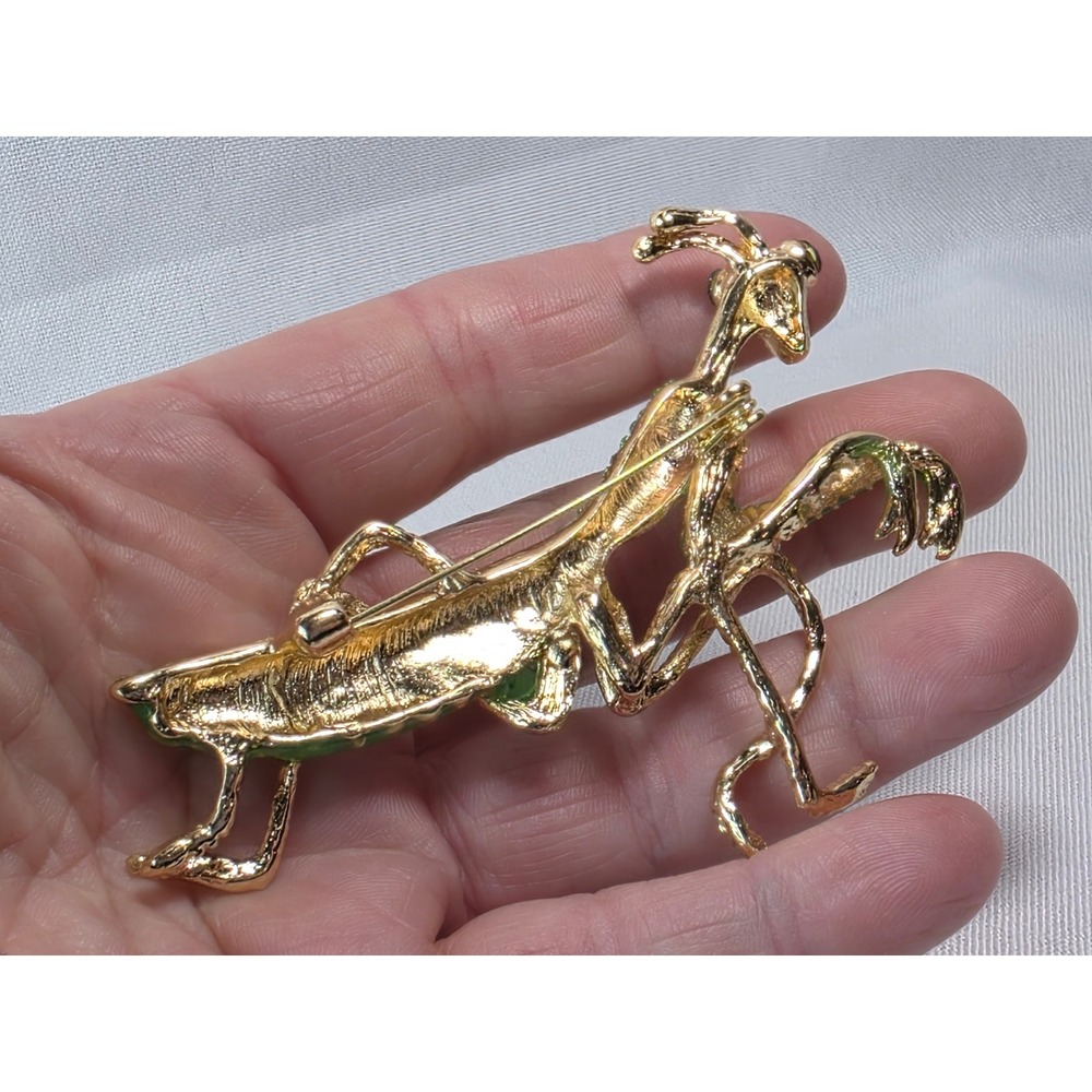 Green Rhinestone Praying Mantis Insect Brooch Pin Statement Jewelery Gold toned - Picture 7 of 10
